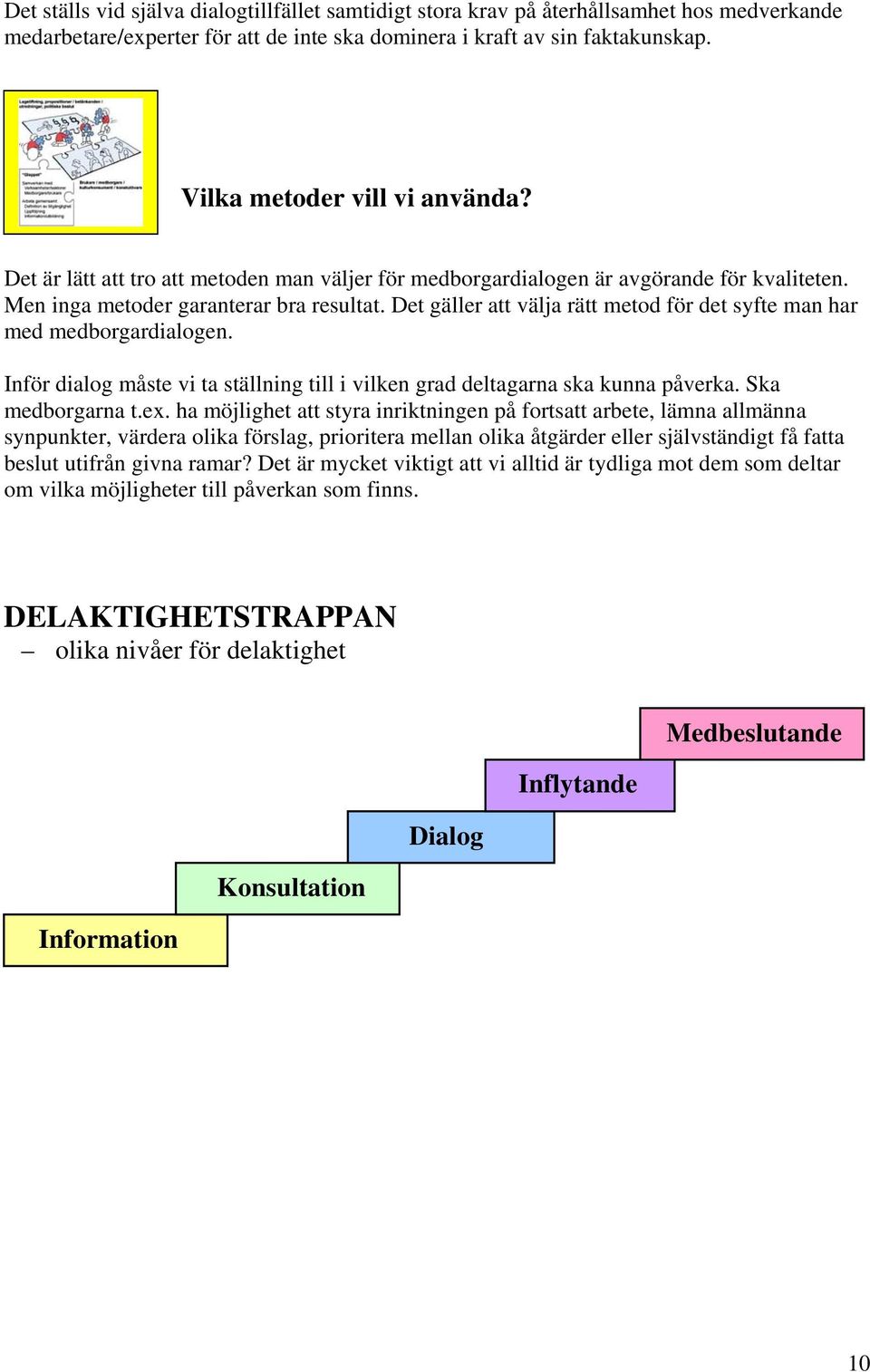 Det gäller att välja rätt metod för det syfte man har med medborgardialogen. Inför dialog måste vi ta ställning till i vilken grad deltagarna ska kunna påverka. Ska medborgarna t.ex.