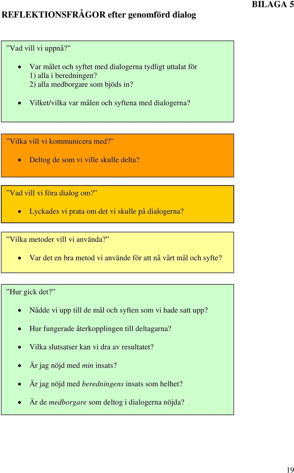 Lyckades vi prata om det vi skulle på dialogerna? Vilka metoder vill vi använda? Var det en bra metod vi använde för att nå vårt mål och syfte? Hur gick det?