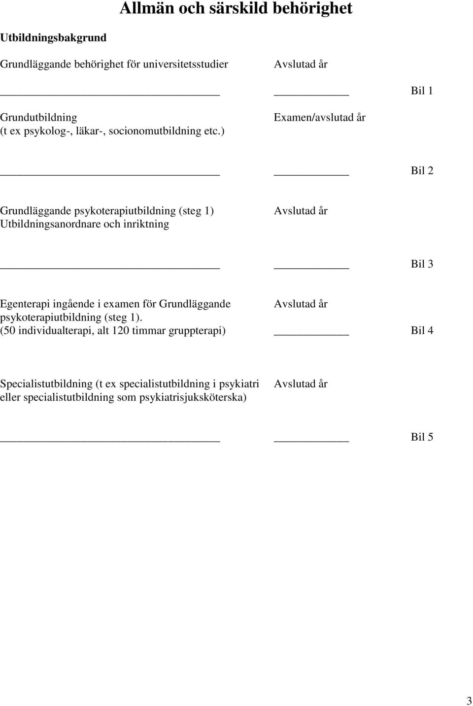 ) Examen/avslutad år Bil 2 Grundläggande psykoterapiutbildning (steg 1) Utbildningsanordnare och inriktning Avslutad år Bil 3 Egenterapi ingående i