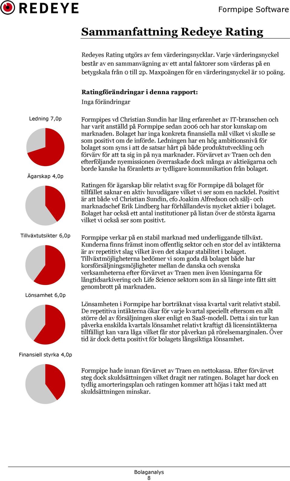 Ratingförändringar i denna rapport: Inga förändringar Ledning 7,p Ägarskap 4,p Formpipes vd Christian Sundin har lång erfarenhet av IT-branschen och har varit anställd på Formpipe sedan 26 och har