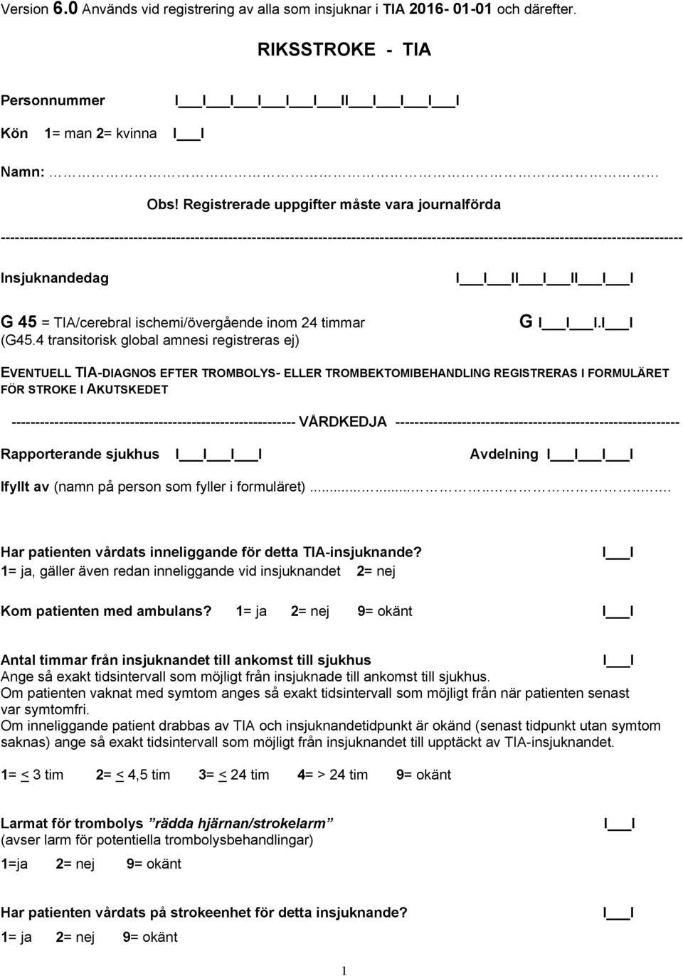 Insjuknandedag I I I G 45 = TIA/cerebral ischemi/övergående inom 24 timmar (G45.4 transitorisk global amnesi registreras ej) G I.