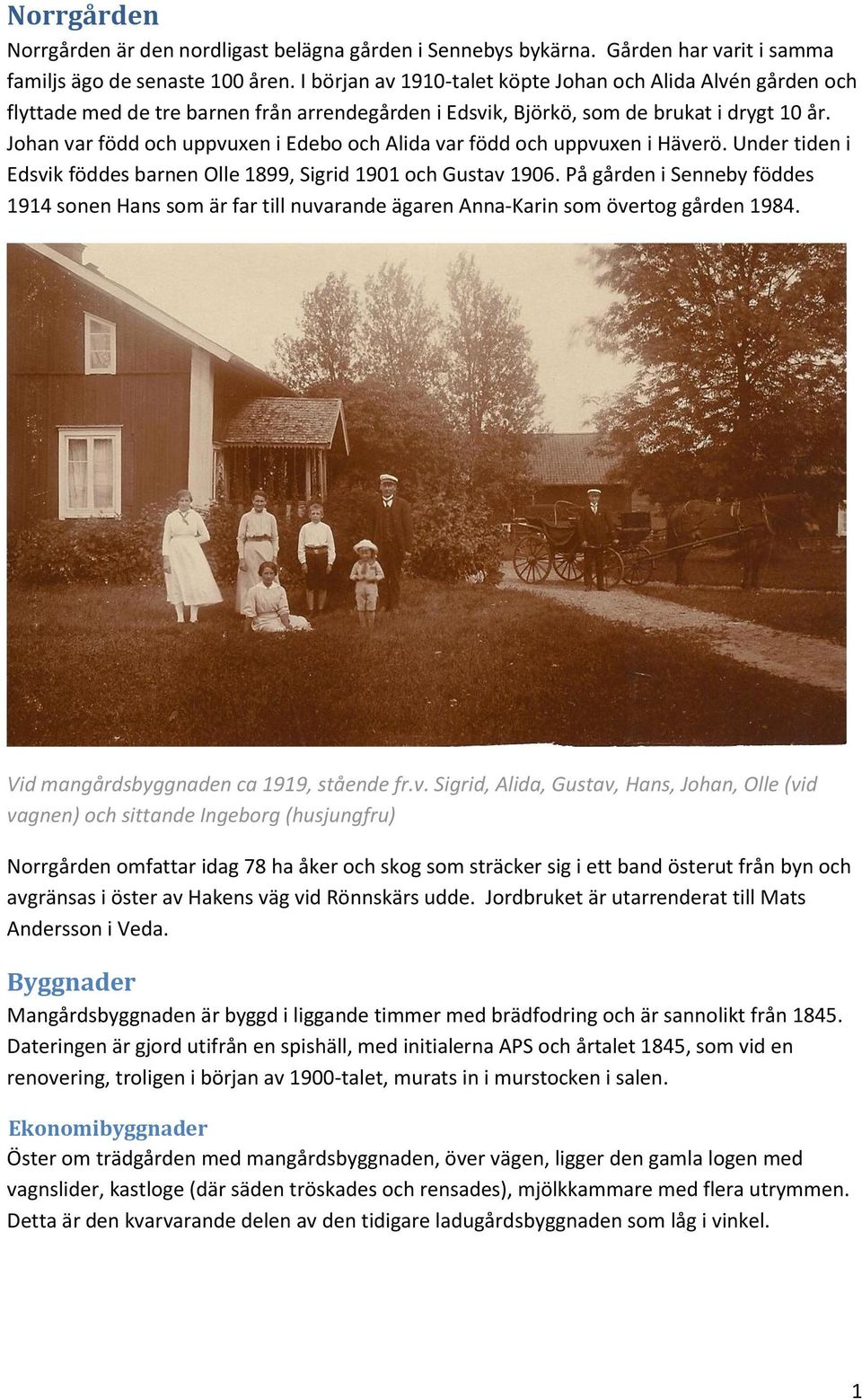 Johan var född och uppvuxen i Edebo och Alida var född och uppvuxen i Häverö. Under tiden i Edsvik föddes barnen Olle 1899, Sigrid 1901 och Gustav 1906.