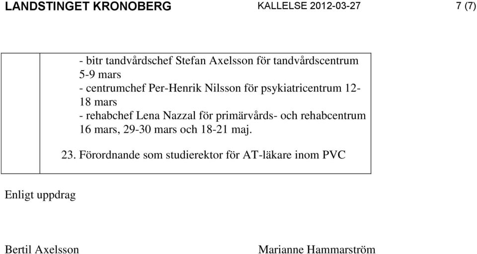 rehabchef Lena Nazzal för primärvårds- och rehabcentrum 16 mars, 29-30 mars och 18-21 maj. 23.