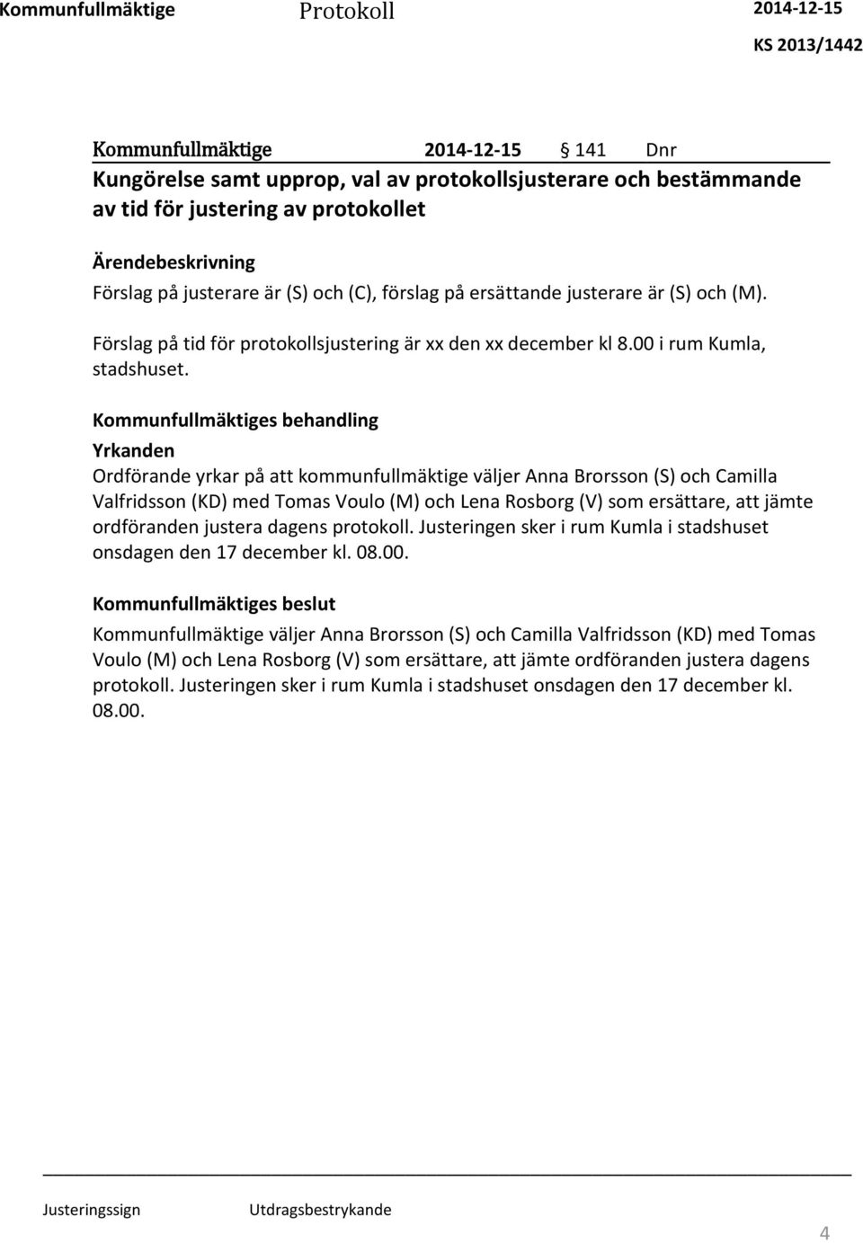 Kommunfullmäktiges behandling Ordförande yrkar på att kommunfullmäktige väljer Anna Brorsson (S) och Camilla Valfridsson (KD) med Tomas Voulo (M) och Lena Rosborg (V) som ersättare, att jämte