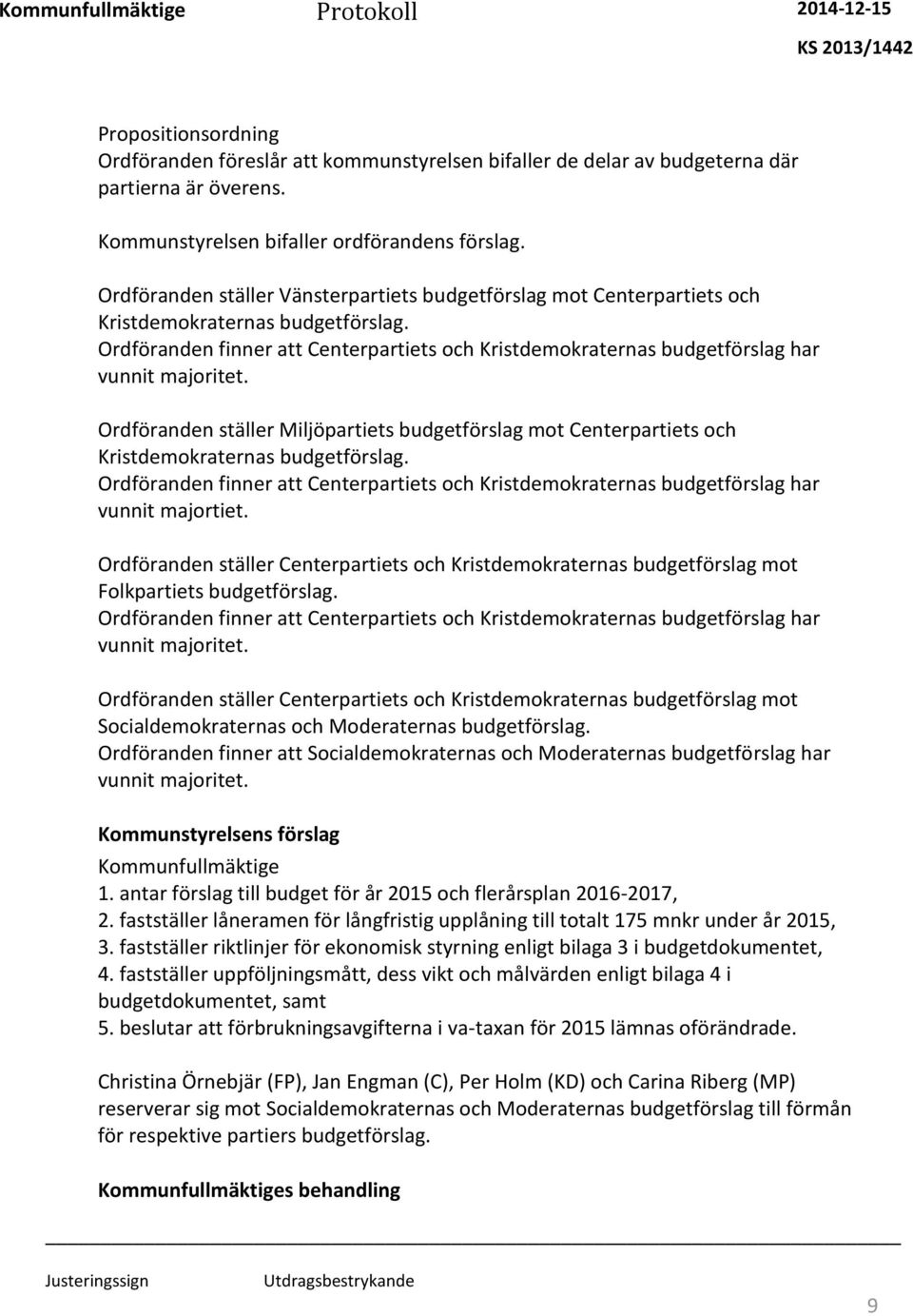 Ordföranden finner att Centerpartiets och Kristdemokraternas budgetförslag har vunnit majoritet.