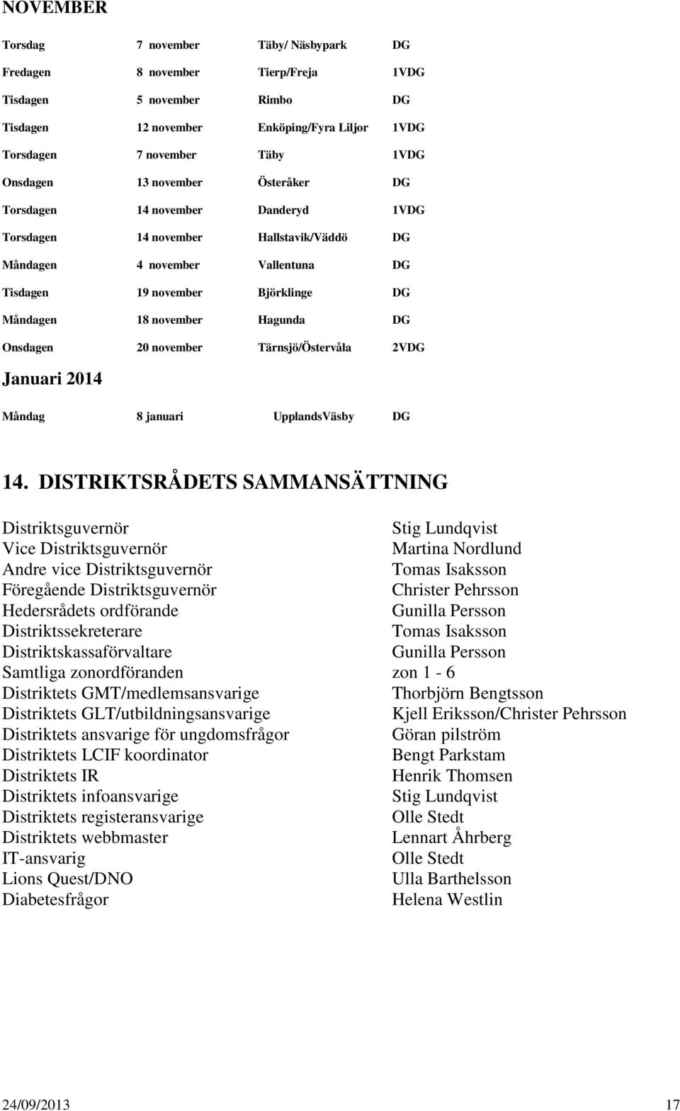 Hagunda DG Onsdagen 20 november Tärnsjö/Östervåla 2VDG Januari 2014 Måndag 8 januari UpplandsVäsby DG 14.