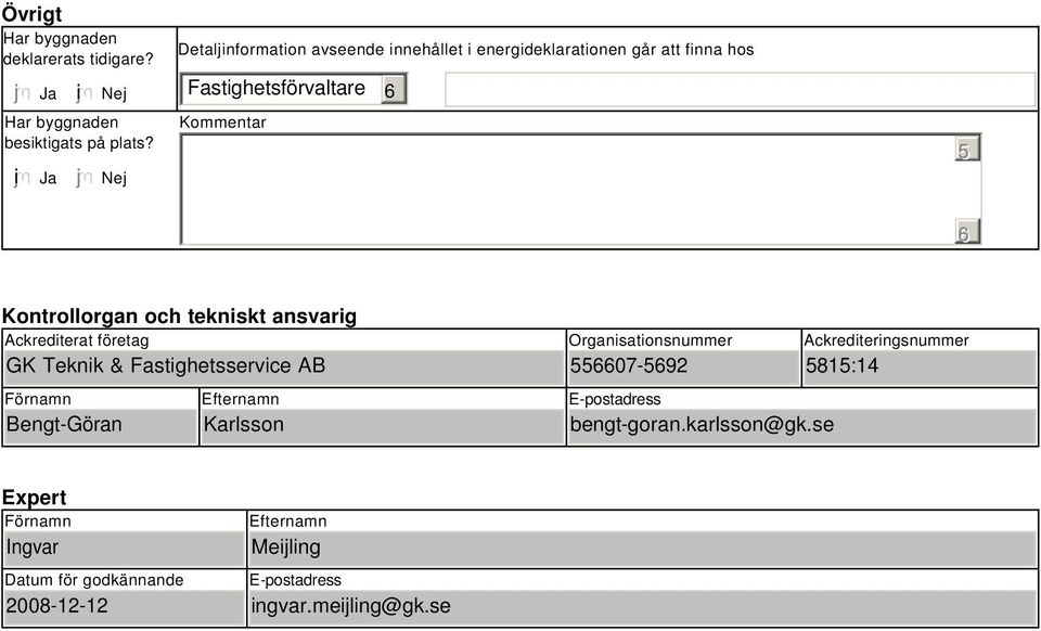 tekniskt ansvarig Ackrediterat företag GK Teknik & Fastighetsservice AB Förnamn Bengt-Göran Efternamn Karlsson Organisationsnummer