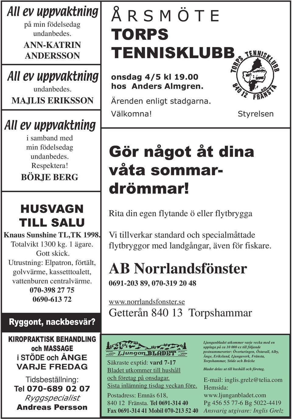 070-398 27 75 0690-613 72 Ryggont, nackbesvär? Å R S M Ö T E TORPS TENNISKLUBB onsdag 4/5 kl 19.00 hos Anders Almgren. Ärenden enligt stadgarna. Välkomna! Gör något åt dina våta sommardrömmar!