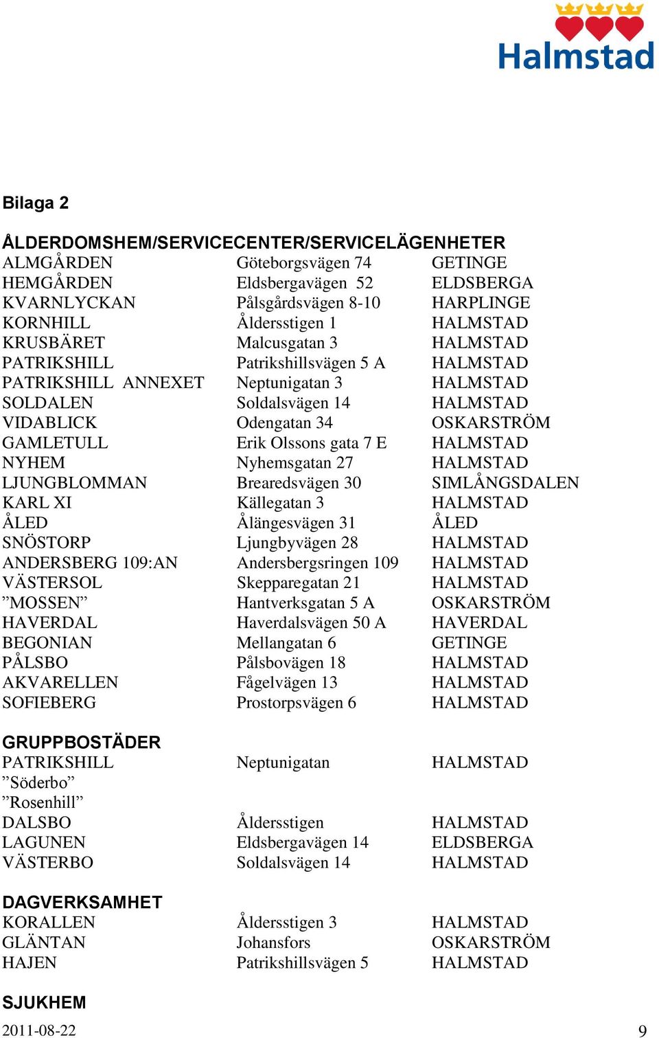 GAMLETULL Erik Olssons gata 7 E HALMSTAD NYHEM Nyhemsgatan 27 HALMSTAD LJUNGBLOMMAN Brearedsvägen 30 SIMLÅNGSDALEN KARL XI Källegatan 3 HALMSTAD ÅLED Ålängesvägen 31 ÅLED SNÖSTORP Ljungbyvägen 28