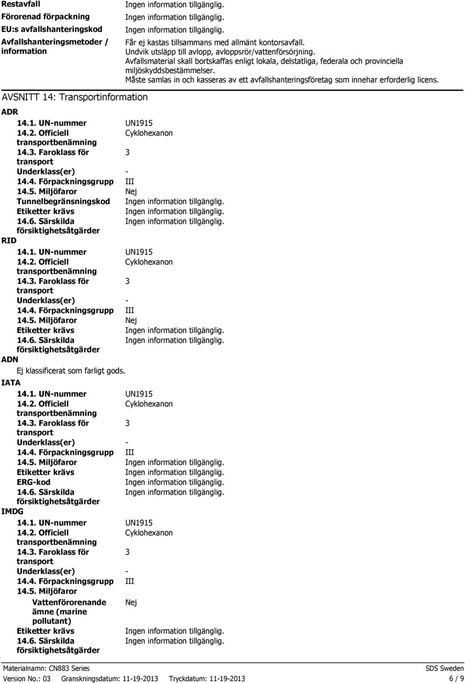 Måste samlas in och kasseras av ett avfallshanteringsföretag som innehar erforderlig licens. AVSNITT 14: Transportinformation ADR 14.1. UN-nummer UN1915 14.2.