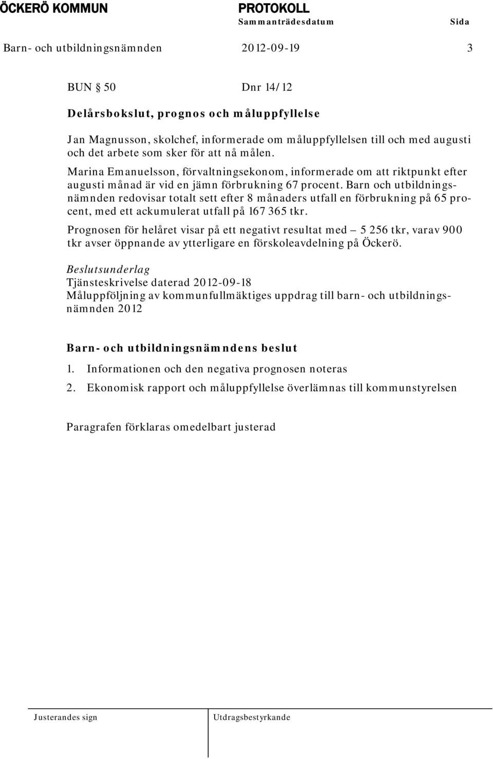 Barn och utbildningsnämnden redovisar totalt sett efter 8 månaders utfall en förbrukning på 65 procent, med ett ackumulerat utfall på 167 365 tkr.