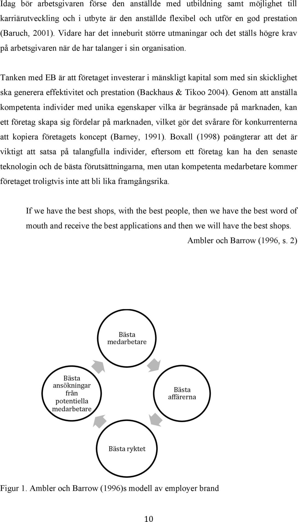 Tanken med EB är att företaget investerar i mänskligt kapital som med sin skicklighet ska generera effektivitet och prestation (Backhaus & Tikoo 2004).