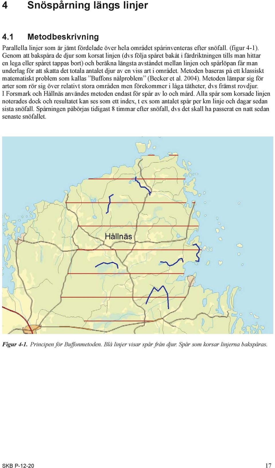 man underlag för att skatta det totala antalet djur av en viss art i området. Metoden baseras på ett klassiskt matematiskt problem som kallas Buffons nålproblem (Becker et al. 24).