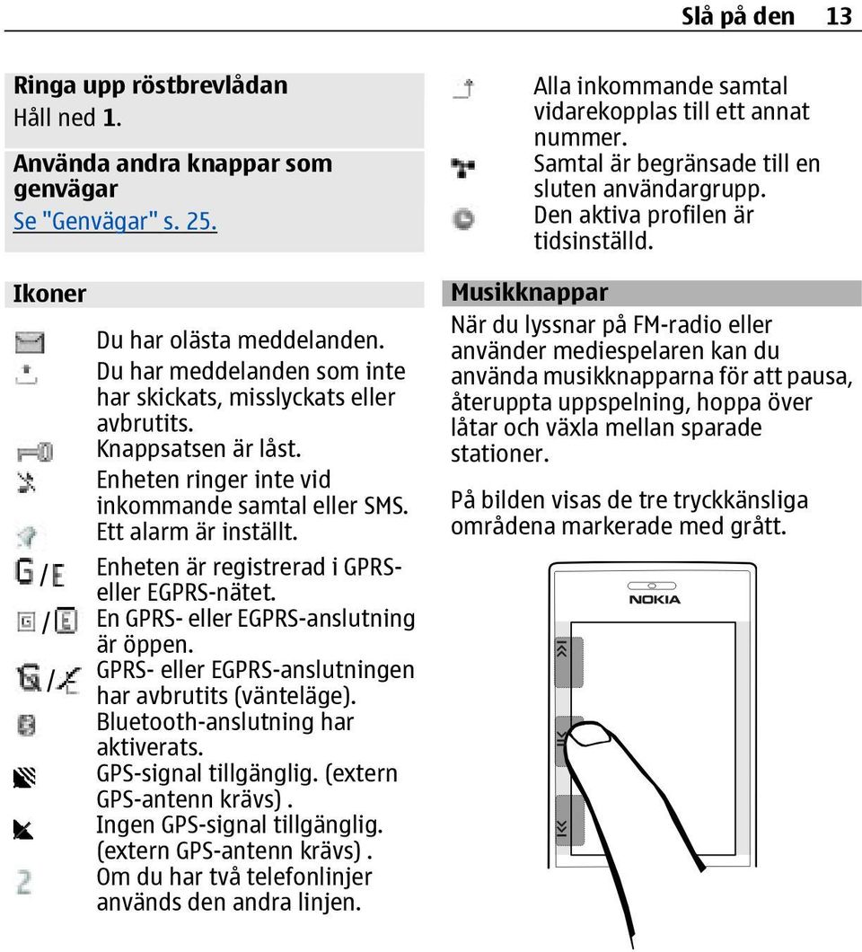 / Enheten är registrerad i GPRSeller EGPRS-nätet. / En GPRS- eller EGPRS-anslutning är öppen. / GPRS- eller EGPRS-anslutningen har avbrutits (vänteläge). Bluetooth-anslutning har aktiverats.