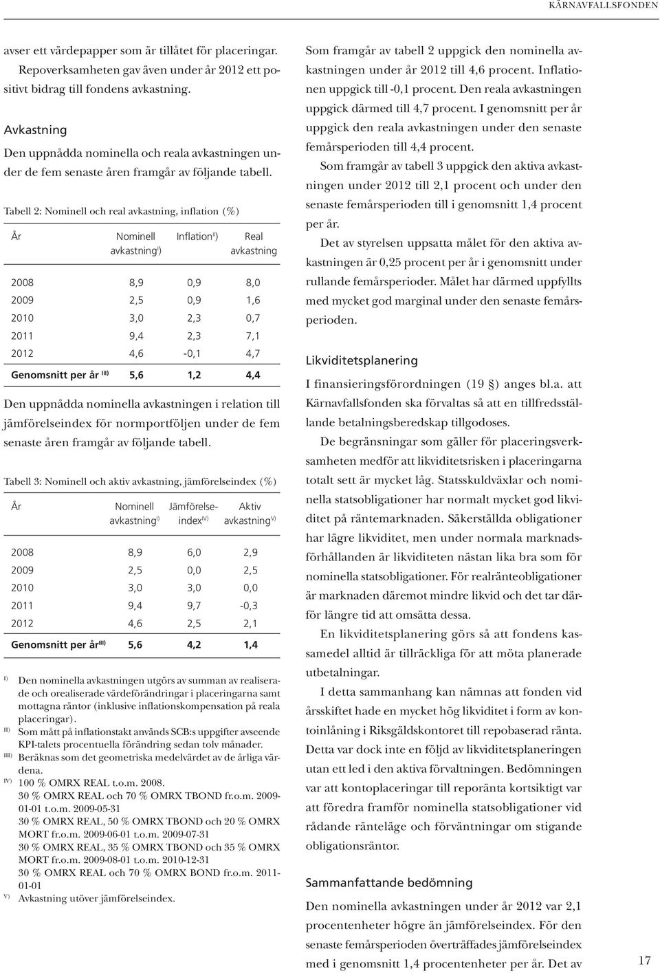 Tabell 2: Nominell och real avkastning, inflation (%) År Nominell Inflation II ) Real avkastning I ) avkastning 2008 8,9 0,9 8,0 2009 2,5 0,9 1,6 2010 3,0 2,3 0,7 2011 9,4 2,3 7,1 2012 4,6-0,1 4,7