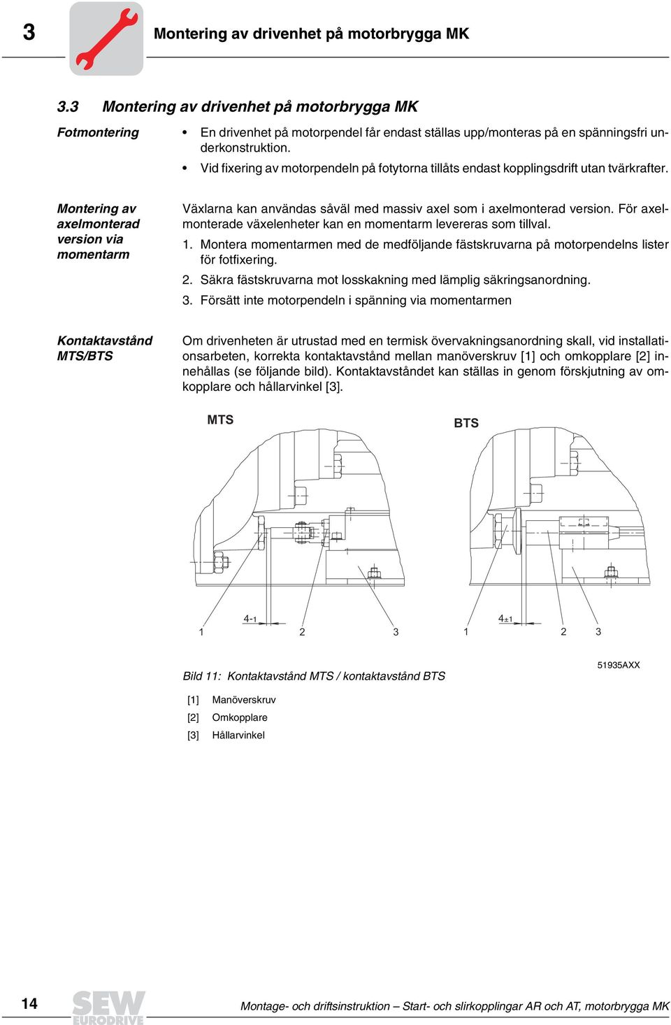 För axelmonterade växelenheter kan en momentarm levereras som tillval. 1. Montera momentarmen med de medföljande fästskruvarna på motorpendelns lister för fotfixering. 2.