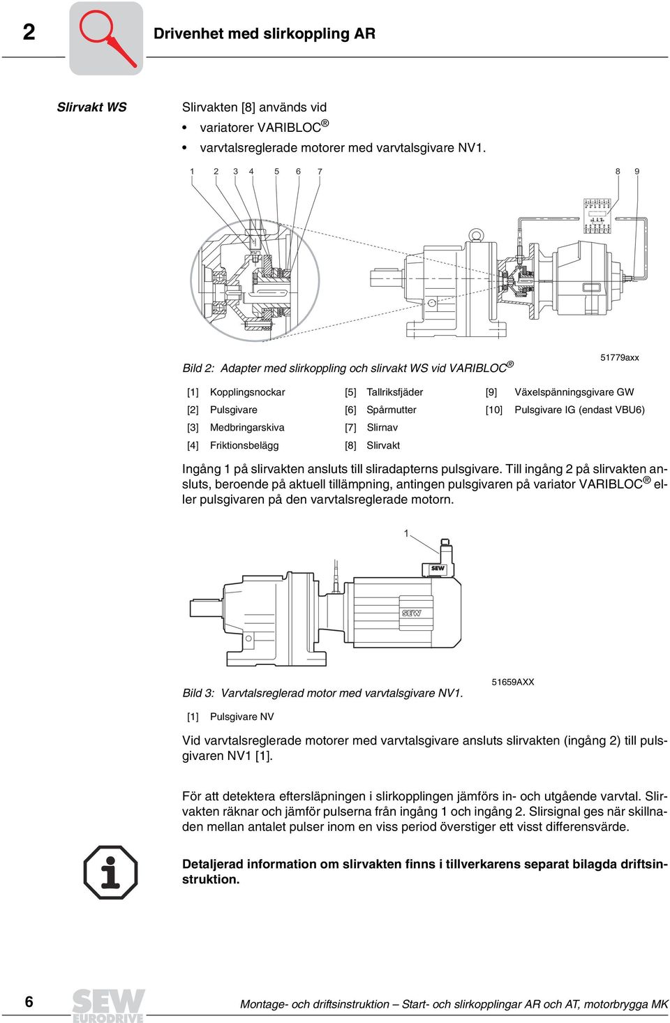 1 2 3 4 5 6 7 8 9 Bild 2: Adapter med slirkoppling och slirvakt WS vid VARIBLOC 51779axx [1] Kopplingsnockar [5] Tallriksfjäder [9] Växelspänningsgivare GW [2] Pulsgivare [6] Spårmutter [10]