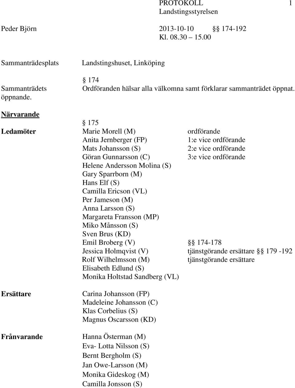 (S) Gary Sparrborn (M) Hans Elf (S) Camilla Ericson (VL) Per Jameson (M) Anna Larsson (S) Margareta Fransson (MP) Miko Månsson (S) Sven Brus (KD) Emil Broberg (V) 174-178 Jessica Holmqvist (V)