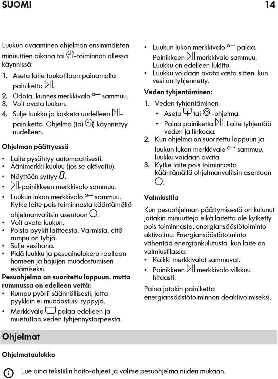 Näyttöön syttyy. -painikkeen merkkivalo sammuu. Luukun lukon merkkivalo sammuu. Kytke laite pois toiminnasta kääntämällä ohjelmanvalitsin asentoon. Voit avata luukun. Poista pyykit laitteesta.