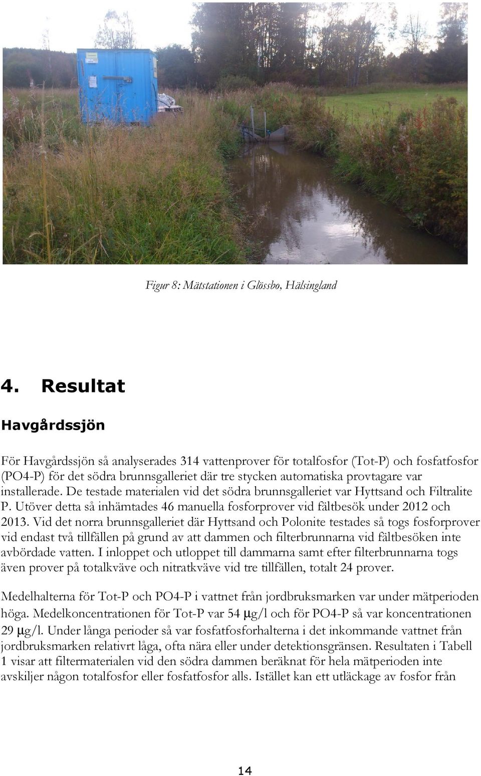 installerade. De testade materialen vid det södra brunnsgalleriet var Hyttsand och Filtralite P. Utöver detta så inhämtades 46 manuella fosforprover vid fältbesök under 2012 och 2013.