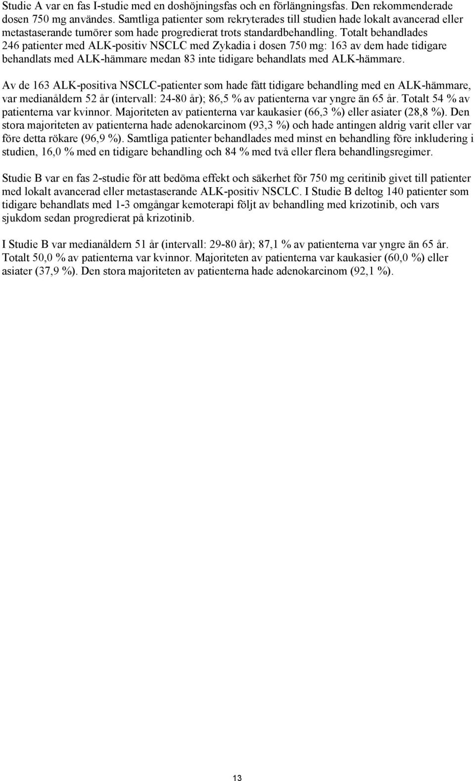 Totalt behandlades 246 patienter med ALK-positiv NSCLC med Zykadia i dosen 750 mg: 163 av dem hade tidigare behandlats med ALK-hämmare medan 83 inte tidigare behandlats med ALK-hämmare.