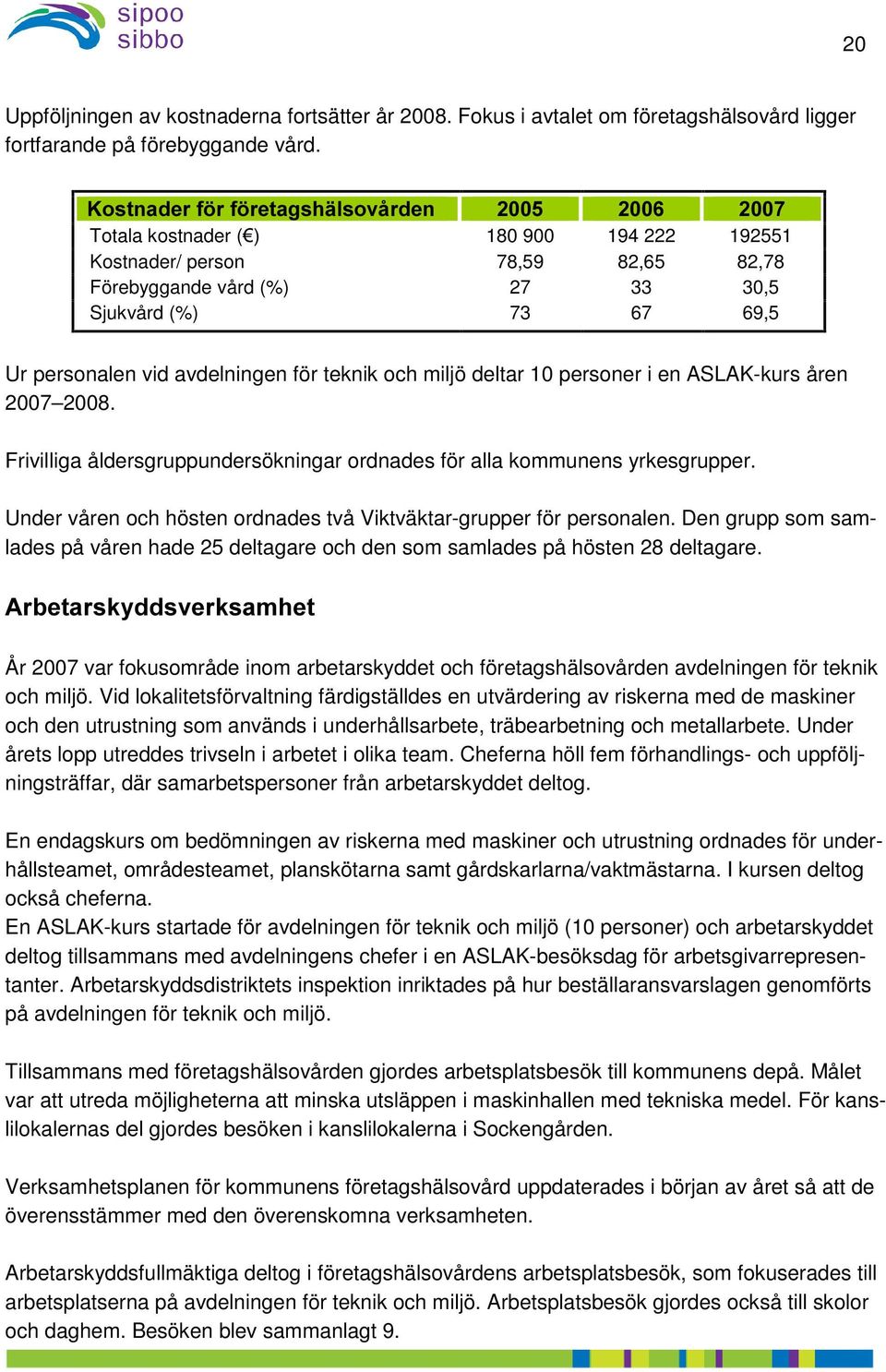 för teknik och miljö deltar 10 personer i en ASLAK-kurs åren 2007 2008. Frivilliga åldersgruppundersökningar ordnades för alla kommunens yrkesgrupper.