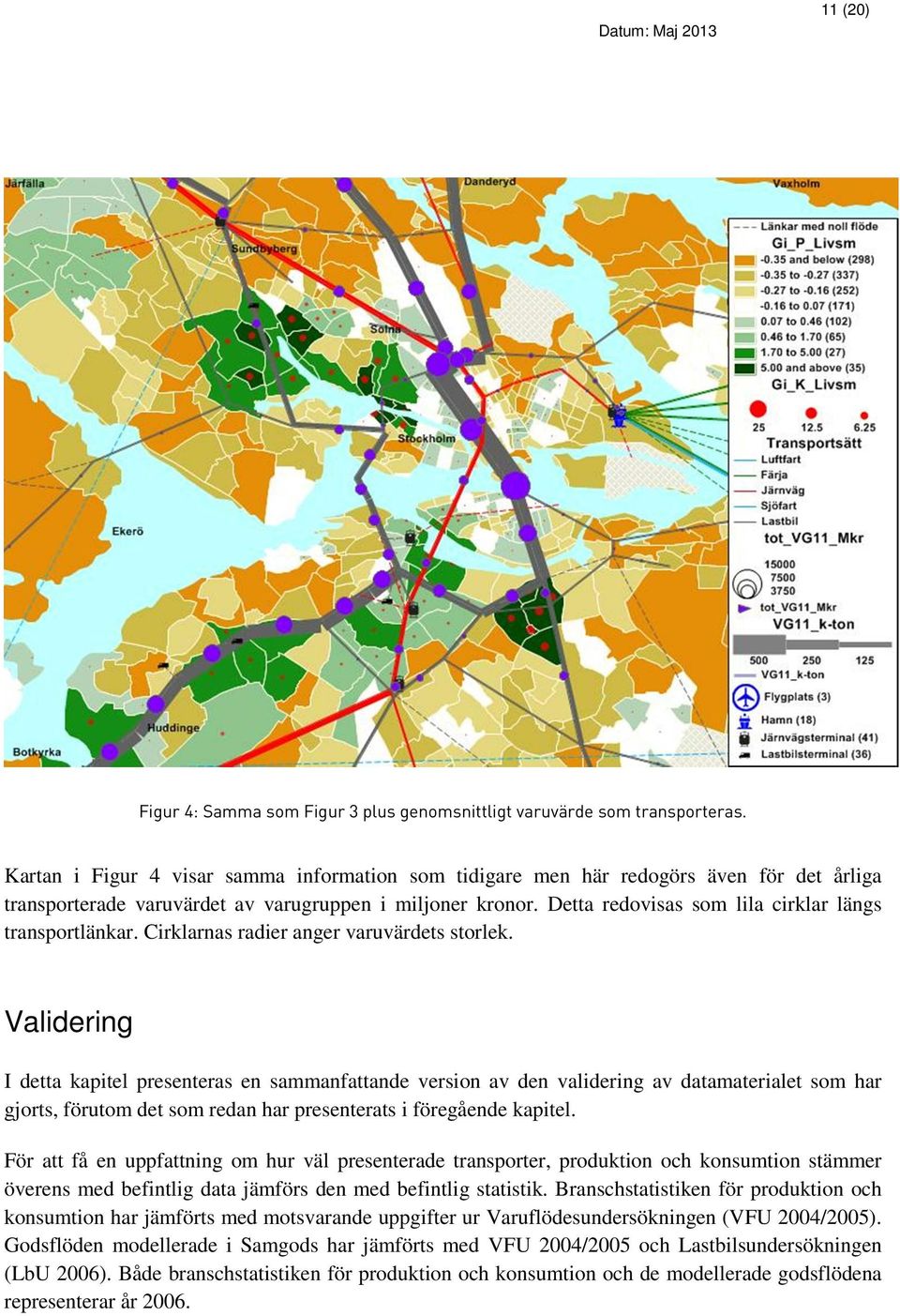 Detta redovisas som lila cirklar längs transportlänkar. Cirklarnas radier anger varuvärdets storlek.