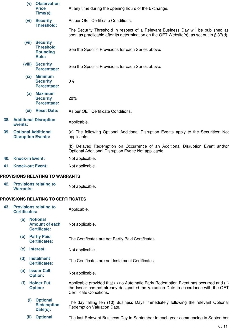 The Security Threshold in respect of a Relevant Business Day will be published as soon as practicable after its determination on the OET Website(s), as set out in 37(d).