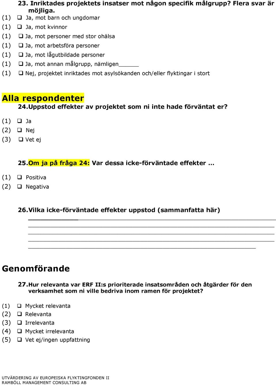 projektet inriktades mot asylsökanden och/eller flyktingar i stort Alla respondenter 24. Uppstod effekter av projektet som ni inte hade förväntat er? (1) Ja (2) Nej (3) Vet ej 25.