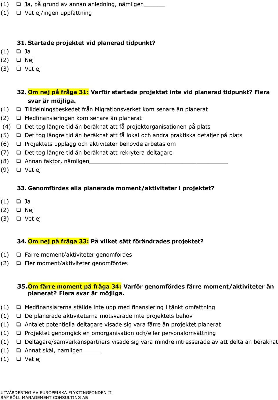 (1) Tilldelningsbeskedet från Migrationsverket kom senare än planerat (2) Medfinansieringen kom senare än planerat (4) Det tog längre tid än beräknat att få projektorganisationen på plats (5) Det tog