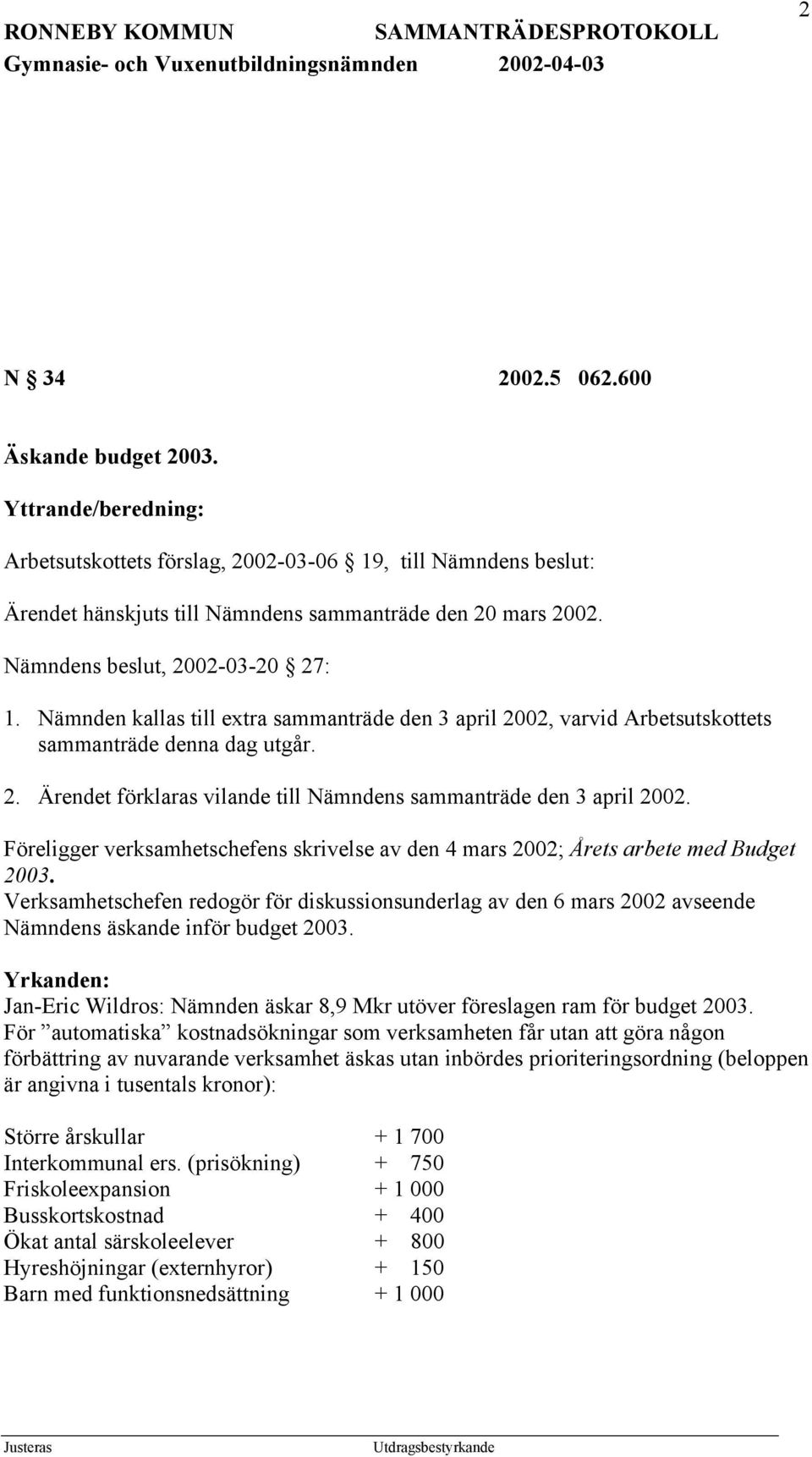 Föreligger verksamhetschefens skrivelse av den 4 mars 2002; Årets arbete med Budget 2003.