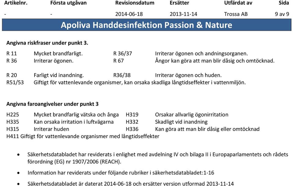 R51/53 Giftigt för vattenlevande organismer, kan orsaka skadliga långtidseffekter i vattenmiljön.