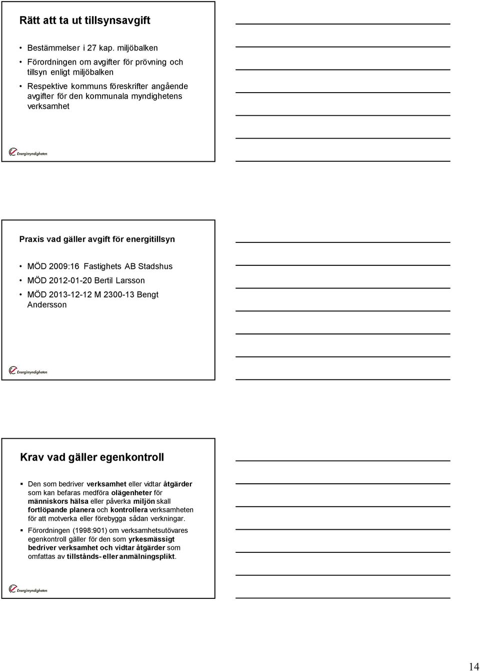 för energitillsyn MÖD 2009:16 Fastighets AB Stadshus MÖD 2012-01-20 Bertil Larsson MÖD 2013-12-12 M 2300-13 Bengt Andersson Krav vad gäller egenkontroll Den som bedriver verksamhet eller vidtar