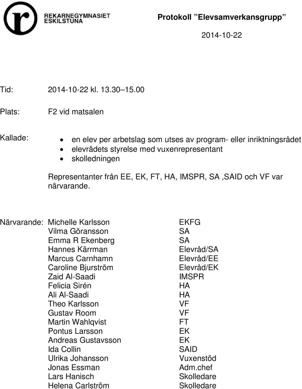 Representanter från EE, EK, FT, HA, IMSPR, SA,SAID och VF var närvarande.