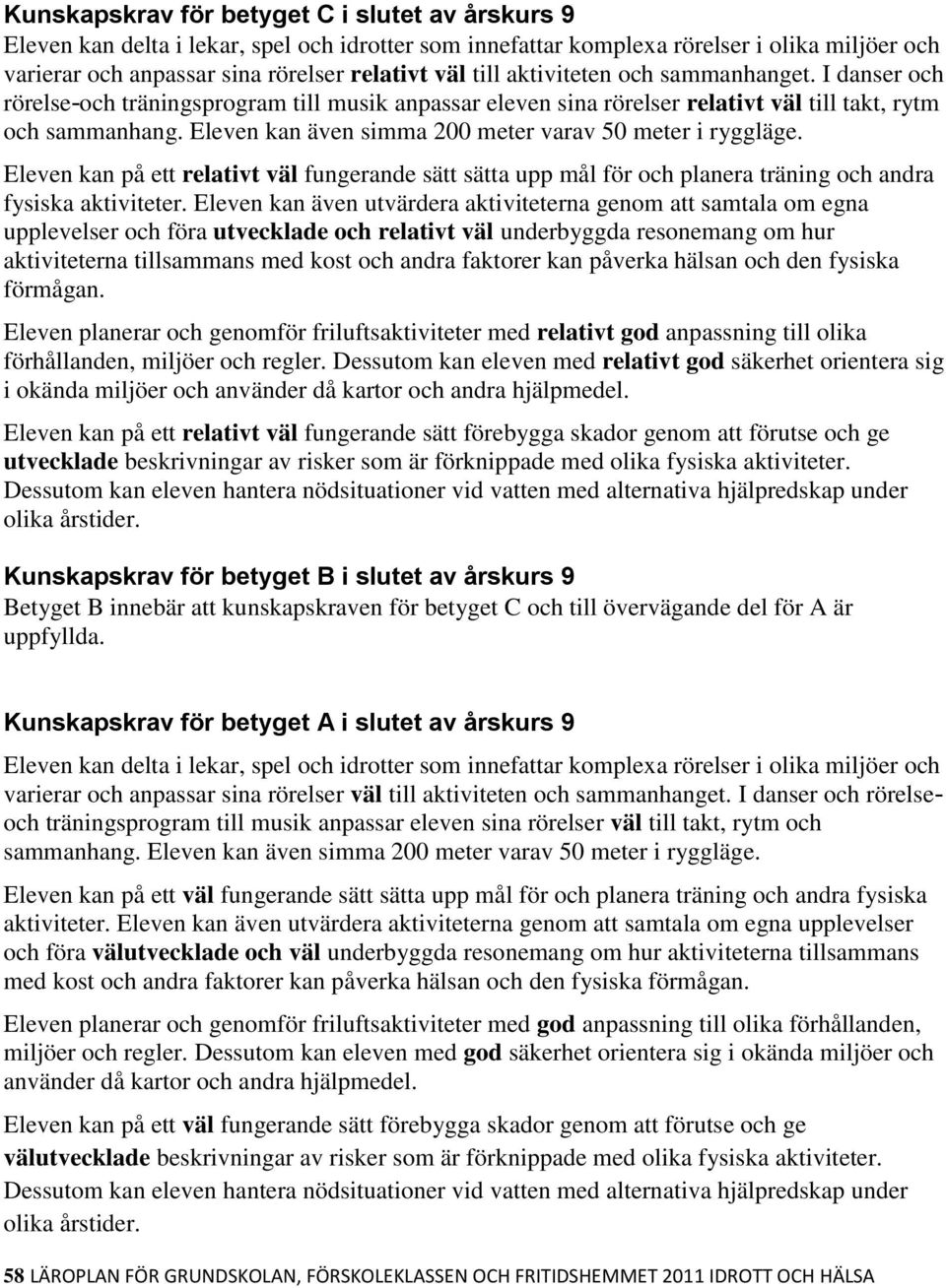 Eleven kan även simma 200 meter varav 50 meter i ryggläge. Eleven kan på ett relativt väl fungerande sätt sätta upp mål för och planera träning och andra fysiska aktiviteter.