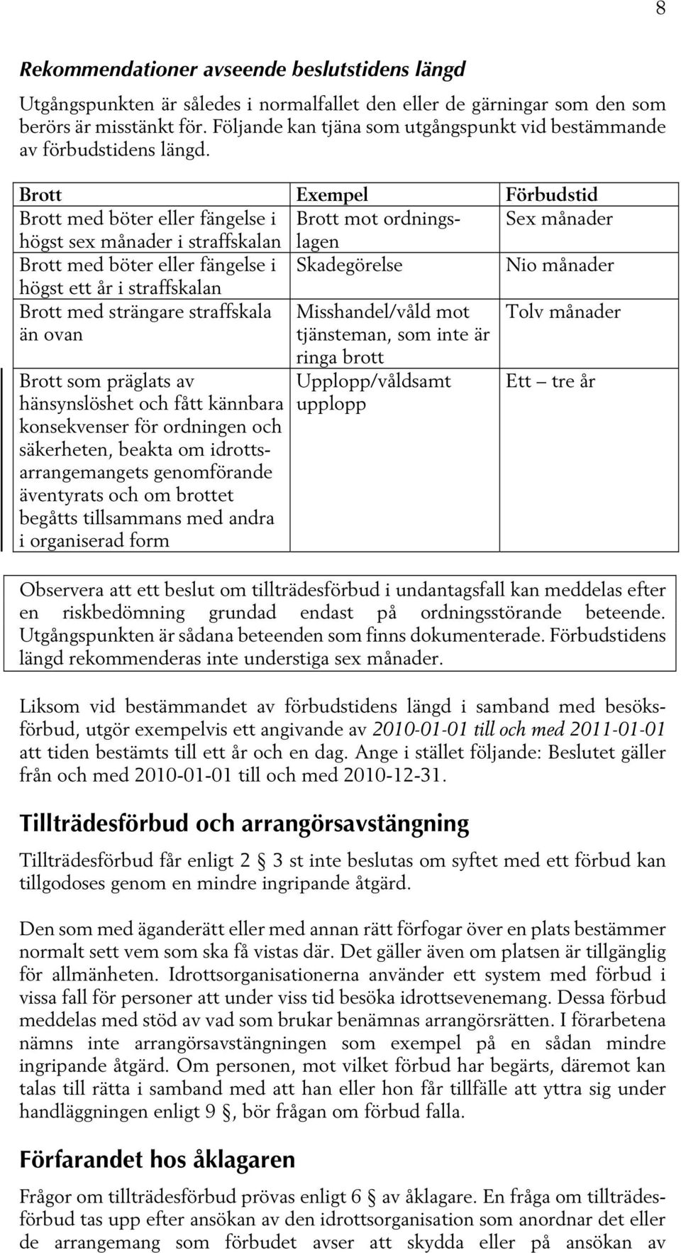 Brott Exempel Förbudstid Brott med böter eller fängelse i Brott mot ordningslagen Sex månader högst sex månader i straffskalan Brott med böter eller fängelse i Skadegörelse Nio månader högst ett år i