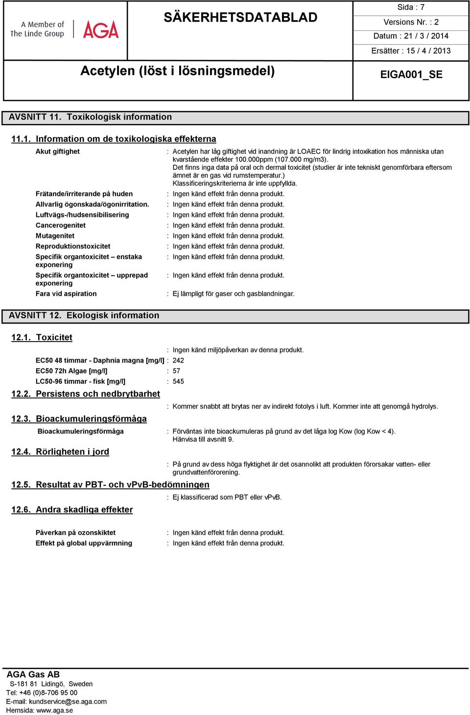 Ekologisk information 12.1. Toxicitet EC50 48 timmar - Daphnia magna [mg/l] : 242 EC50 72h Algae [mg/l] : 57 LC50-96 timmar - fisk [mg/l] : 545 12.2. Persistens och nedbrytbarhet 12.3.