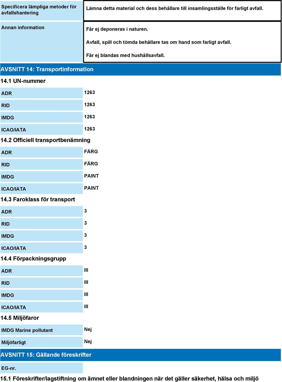1 UN-nummer ADR 1263 RID 1263 IMDG 1263 ICAO/IATA 1263 14.2 Officiell transportbenämning ADR RID IMDG ICAO/IATA FÄRG FÄRG PAINT PAINT 14.