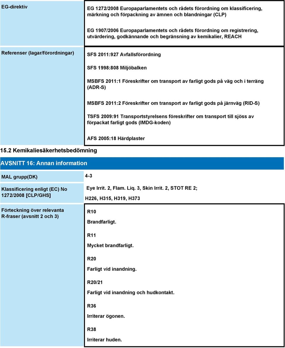 transport av farligt gods på väg och i terräng (ADR-S) MSBFS 2011:2 Föreskrifter om transport av farligt gods på järnväg (RID-S) TSFS 2009:91 Transportstyrelsens föreskrifter om transport till sjöss