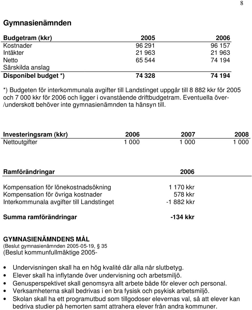 Investeringsram (kkr) 2006 2007 2008 Nettoutgifter 1 000 1 000 1 000 Ramförändringar 2006 Kompensation för lönekostnadsökning Kompensation för övriga kostnader Interkommunala avgifter till