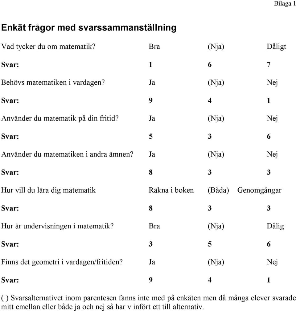 Ja (Nja) Nej Svar: 8 3 3 Hur vill du lära dig matematik Räkna i boken (Båda) Genomgångar Svar: 8 3 3 Hur är undervisningen i matematik?