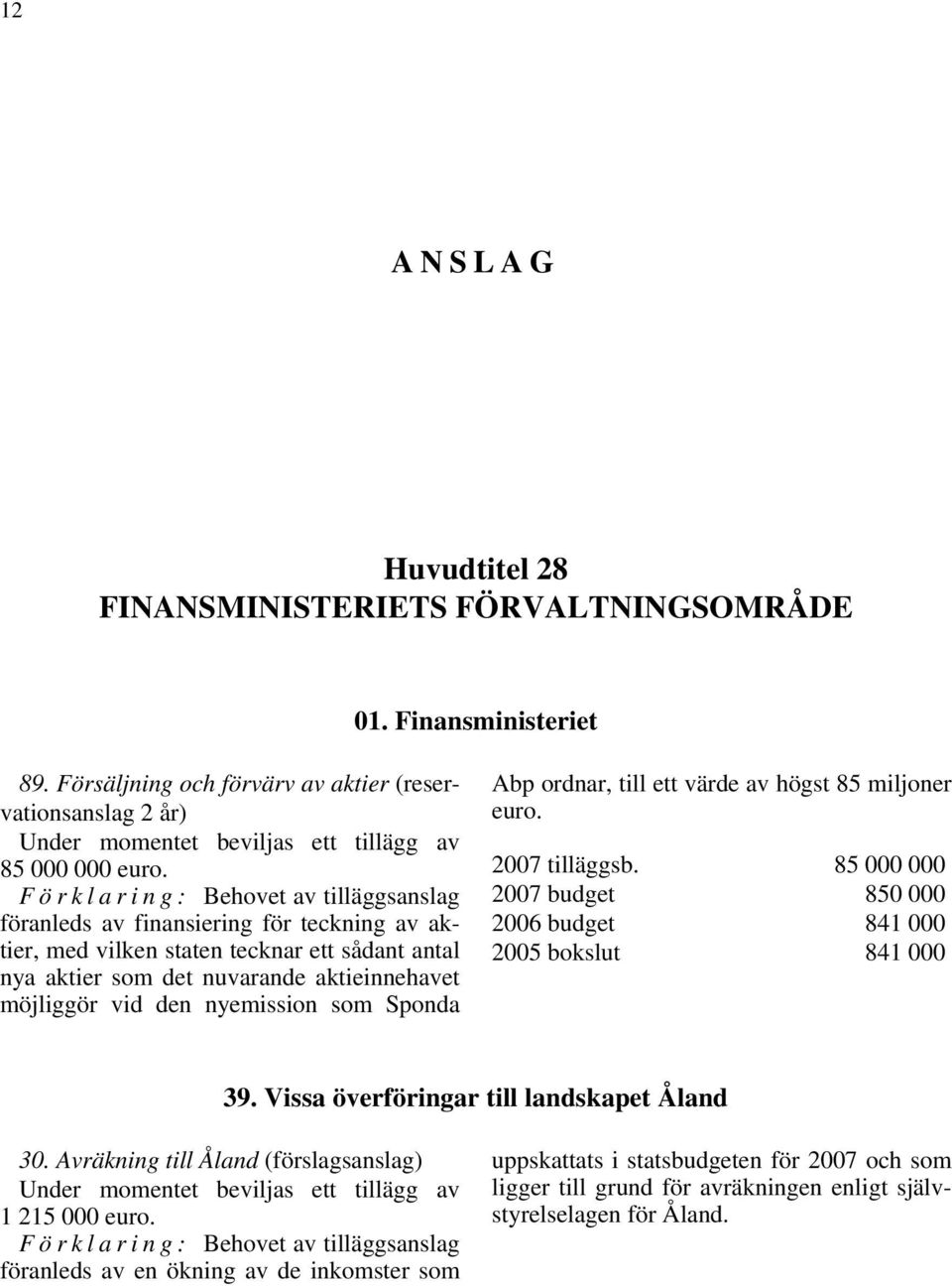 Förklaring: Behovet av tilläggsanslag föranleds av finansiering för teckning av aktier, med vilken staten tecknar ett sådant antal nya aktier som det nuvarande aktieinnehavet möjliggör vid den