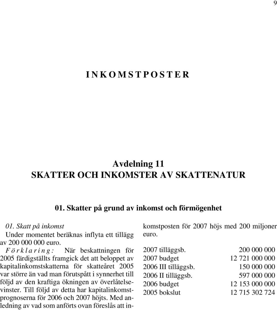 Förklaring: När beskattningen för 2005 färdigställts framgick det att beloppet av kapitalinkomstskatterna för skatteåret 2005 var större än vad man förutspått i synnerhet till följd av den