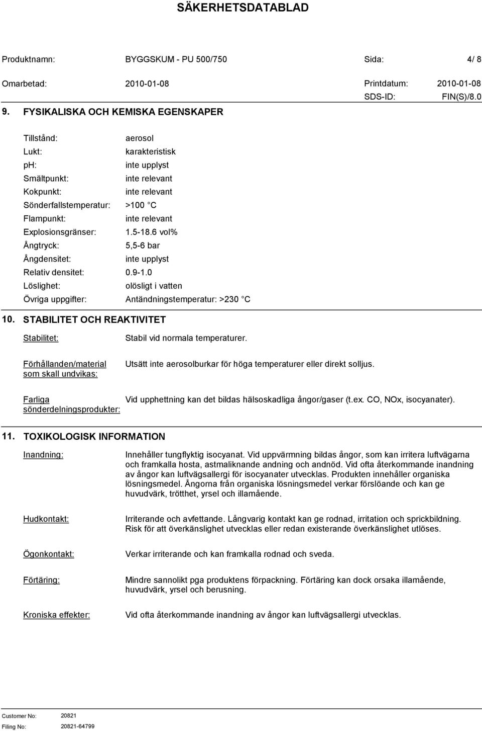 uppgifter: aerosol karakteristisk inte upplyst inte relevant inte relevant >100 C inte relevant 1.518.6 vol% 5,56 bar inte upplyst 0.91.0 olösligt i vatten Antändningstemperatur: >230 C 10.