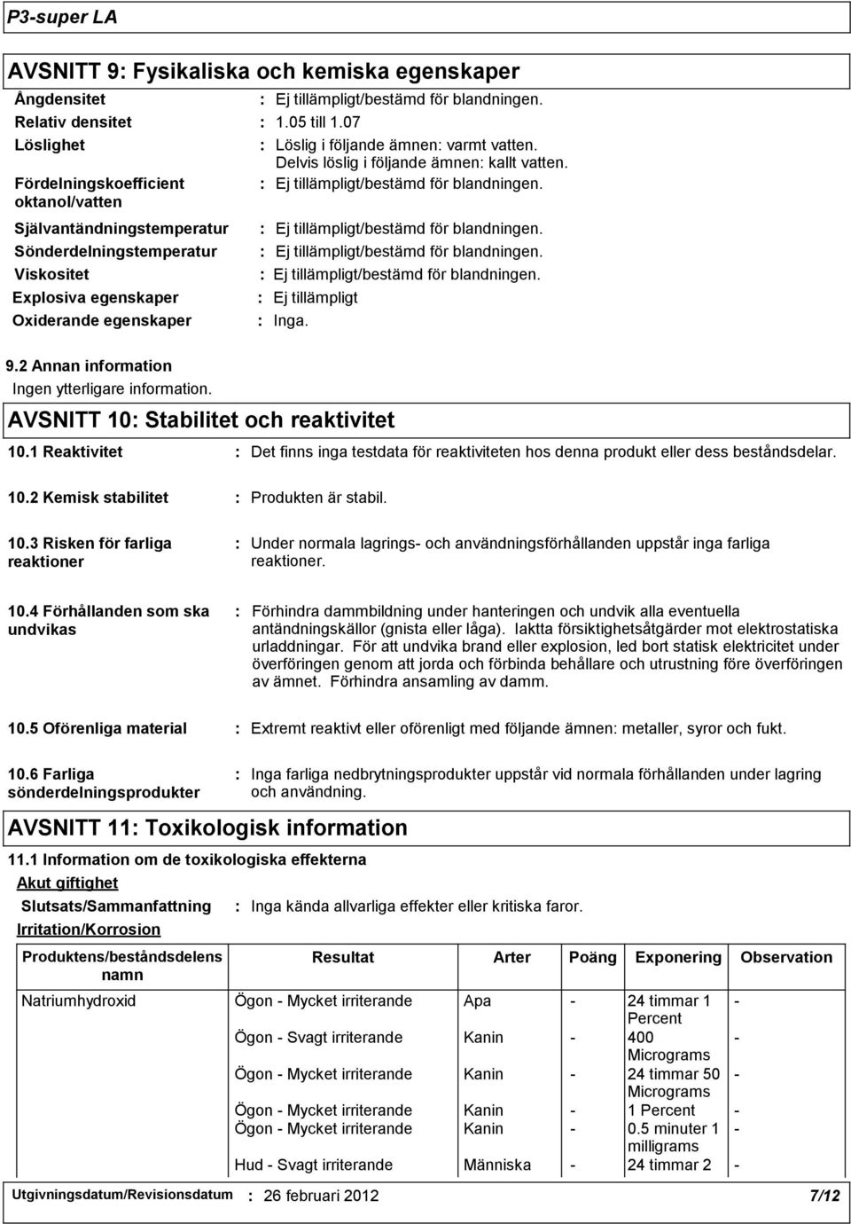 2 Annan information Ingen ytterligare information. AVSNITT 10 Stabilitet och reaktivitet 10.1 Reaktivitet Det finns inga testdata för reaktiviteten hos denna produkt eller dess beståndsdelar. 10.2 Kemisk stabilitet Produkten är stabil.