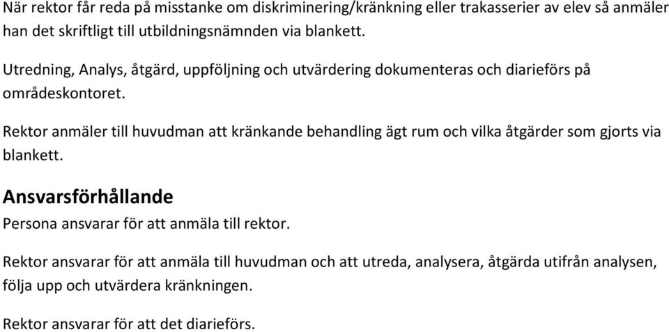 Rektor anmäler till huvudman att kränkande behandling ägt rum och vilka åtgärder som gjorts via blankett.