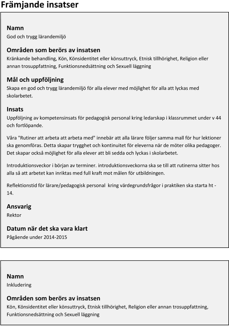 Insats Uppföljning av kompetensinsats för pedagogisk personal kring ledarskap i klassrummet under v 44 och fortlöpande.