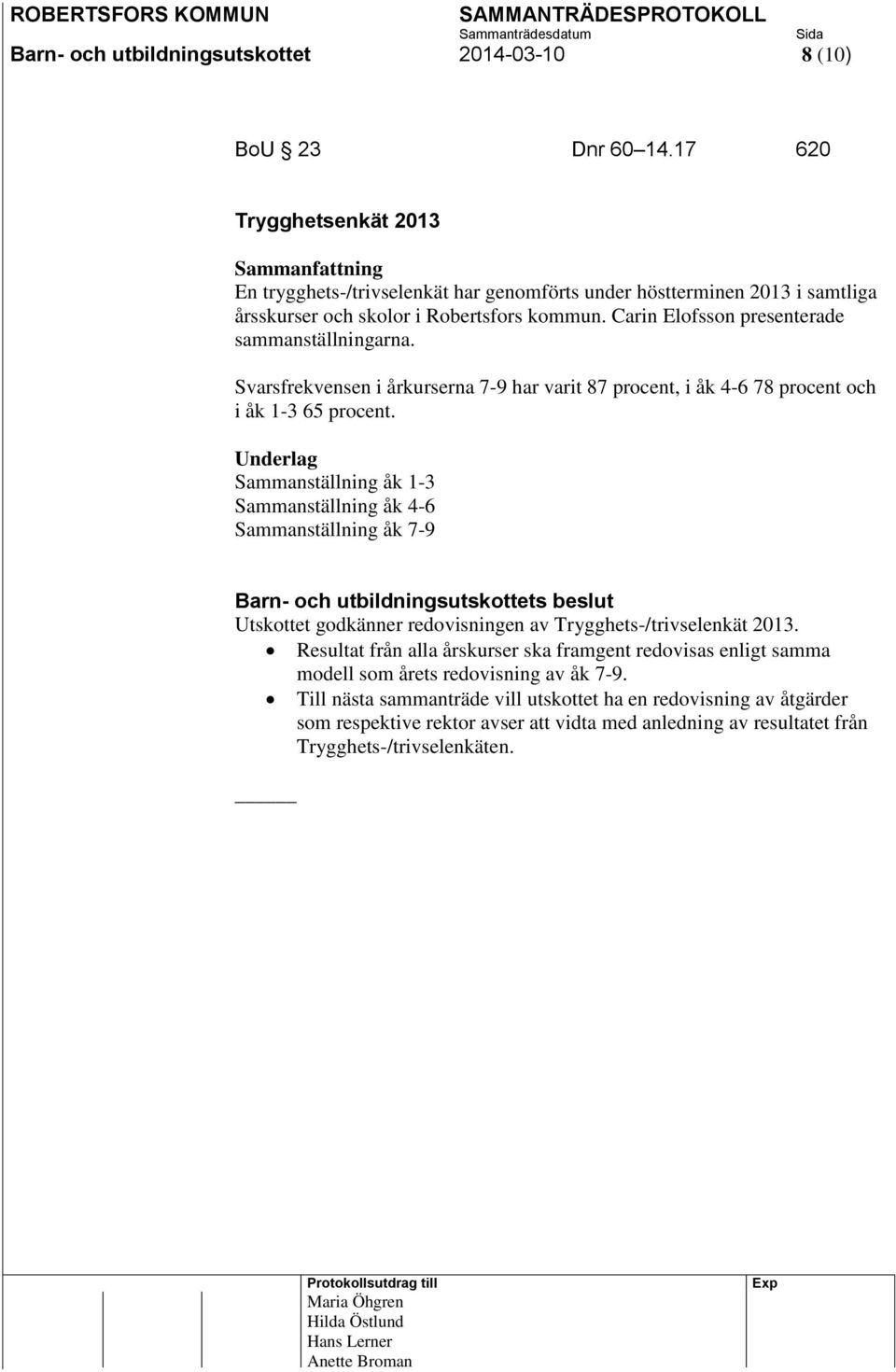 Svarsfrekvensen i årkurserna 7-9 har varit 87 procent, i åk 4-6 78 procent och i åk 1-3 65 procent.