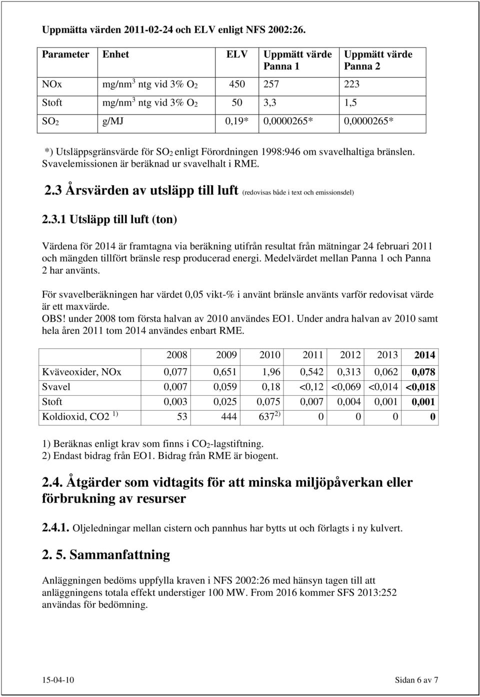 för SO2 enligt Förordningen 1998:946 om svavelhaltiga bränslen. Svavelemissionen är beräknad ur svavelhalt i RME. 2.3 