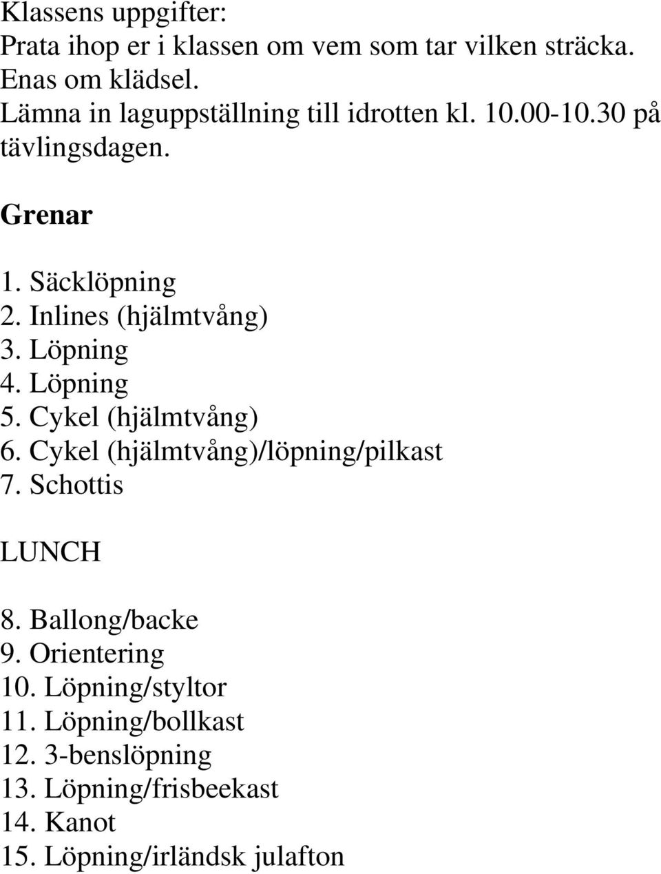 Inlines (hjälmtvång) 3. Löpning 4. Löpning 5. Cykel (hjälmtvång) 6. Cykel (hjälmtvång)/löpning/pilkast 7.